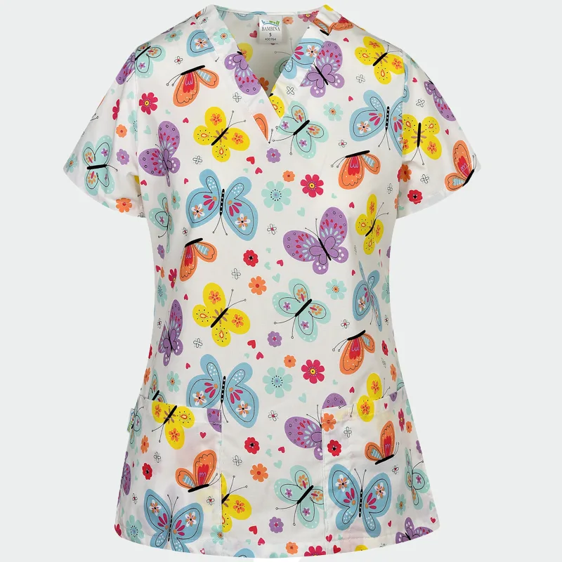 Operacijska bluzka Bwell BAMBINA z motivom metuljev in cvetja, velikost 2XL