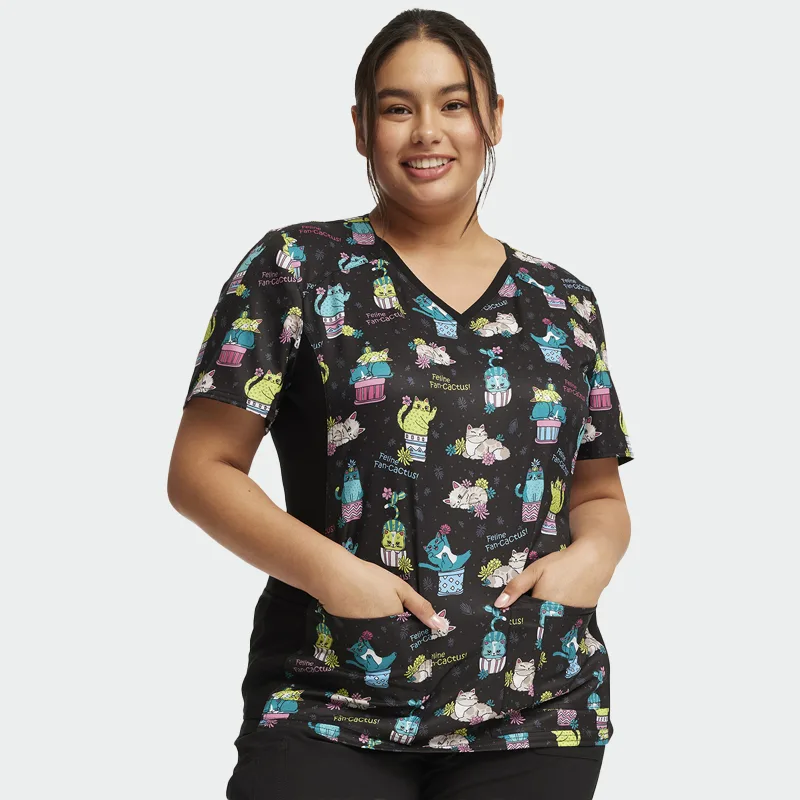 Operacijska bluzka CHEROKEE IFLEX CK636  z motivom mačjega kaktusa, velikost 2XL
