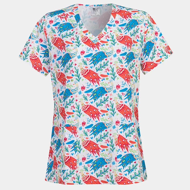 Bwell ISABELLA bluzka z kratkimi rokavi, vzorec »Colourful Peacock«, velikost M
