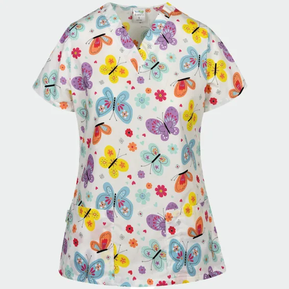 Operacijska bluzka Bwell BAMBINA z motivom metuljev in cvetja, velikost 2XL