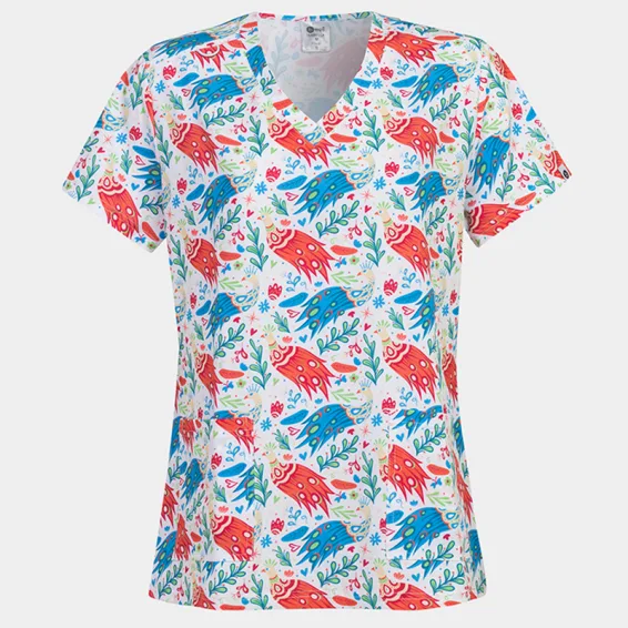 Bwell ISABELLA bluzka z kratkimi rokavi, vzorec »Colourful Peacock«, velikost M
