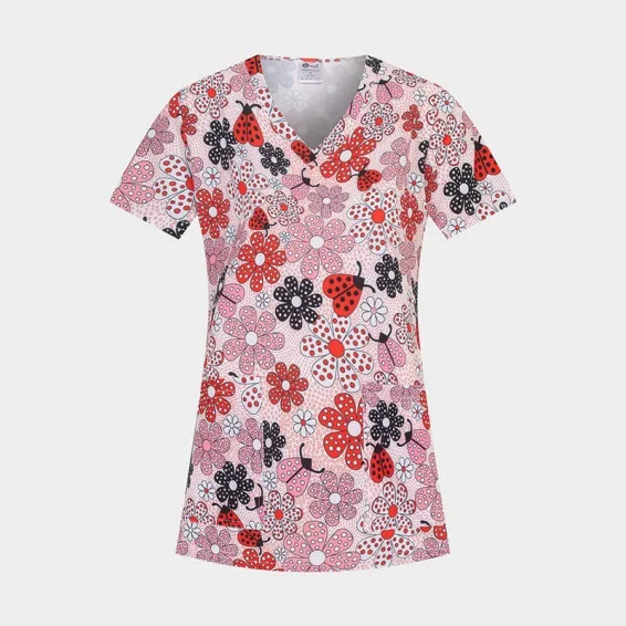 Operacijska bluzka Bwell ISABELLA z motivom »The Ladybug Garden«, velikost 2XL