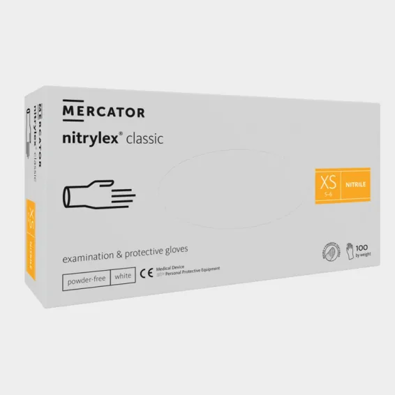 Nitrilne rokavice za enkratno uporabo MERCATOR NITRYLEX, bele barve